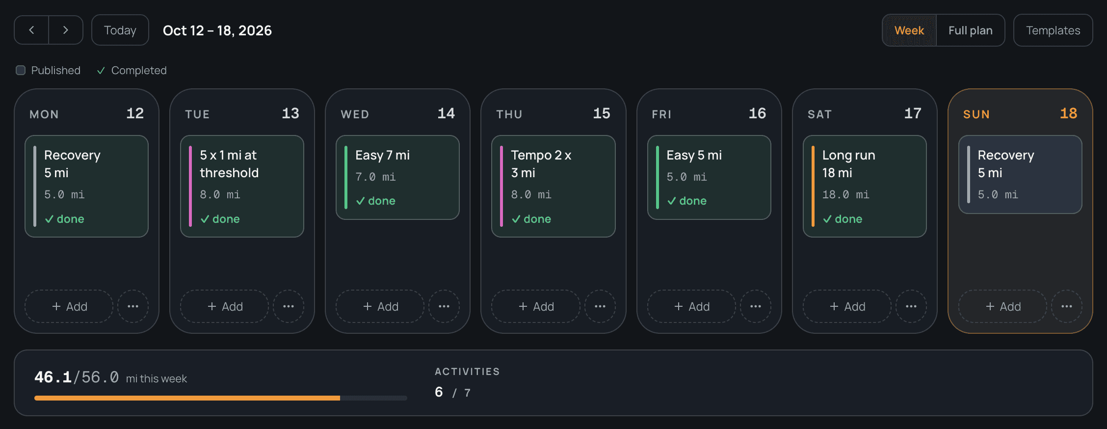 An athlete's plan for the week of Oct 12, each day checked done as runs sync, 46.1 of 56 miles